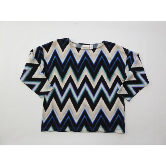 Chicos Blue Black Chevron Zig Zag Stretch Knit Top Size 1 Med Boat Neck - Picture 2 of 11